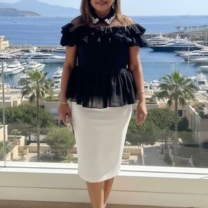 #A063   Gracia  Black Peplum Ruffle Top with Bejeweled Collar   Size S (NWT)